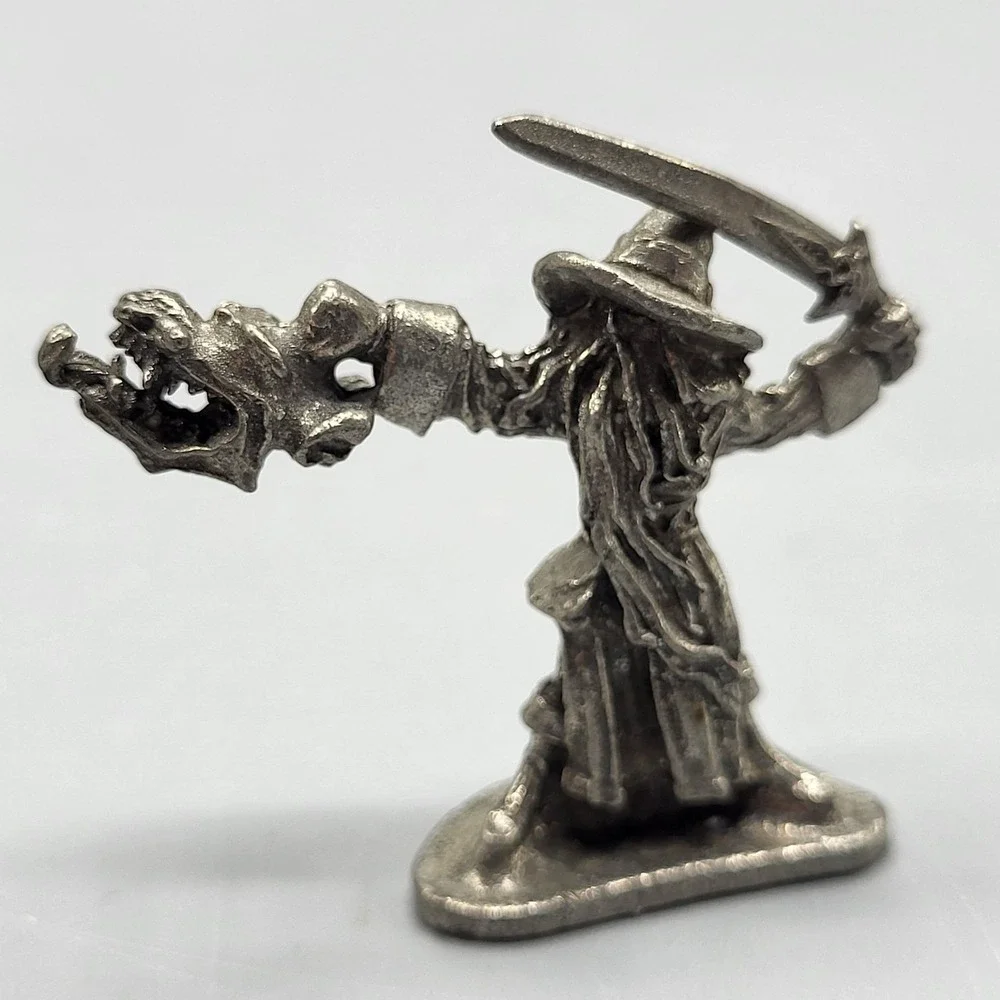 Vtg 1996 Signed Pewter Wizard Figurine Sword Dragon Shelf Decor 1.25